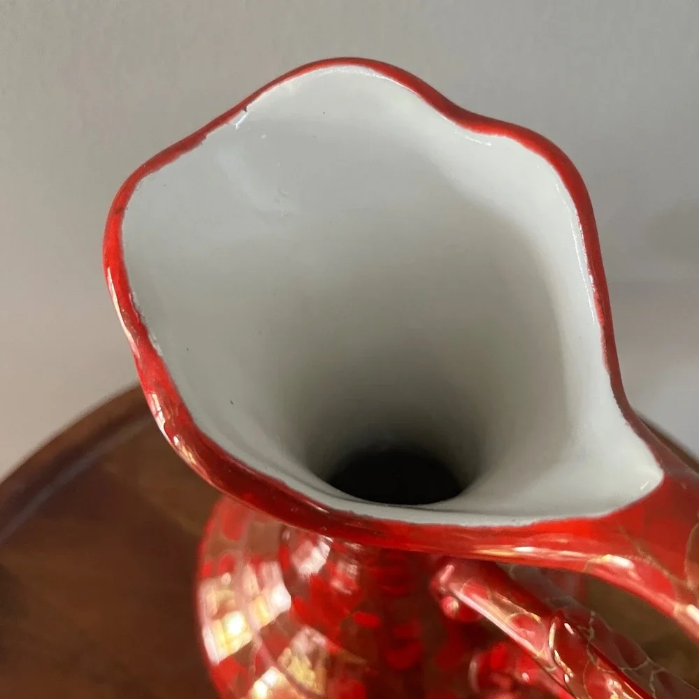 Vintage‎ Bold Red and Gold Vase Pitcher Ewer 1981 MCM vibe signd
